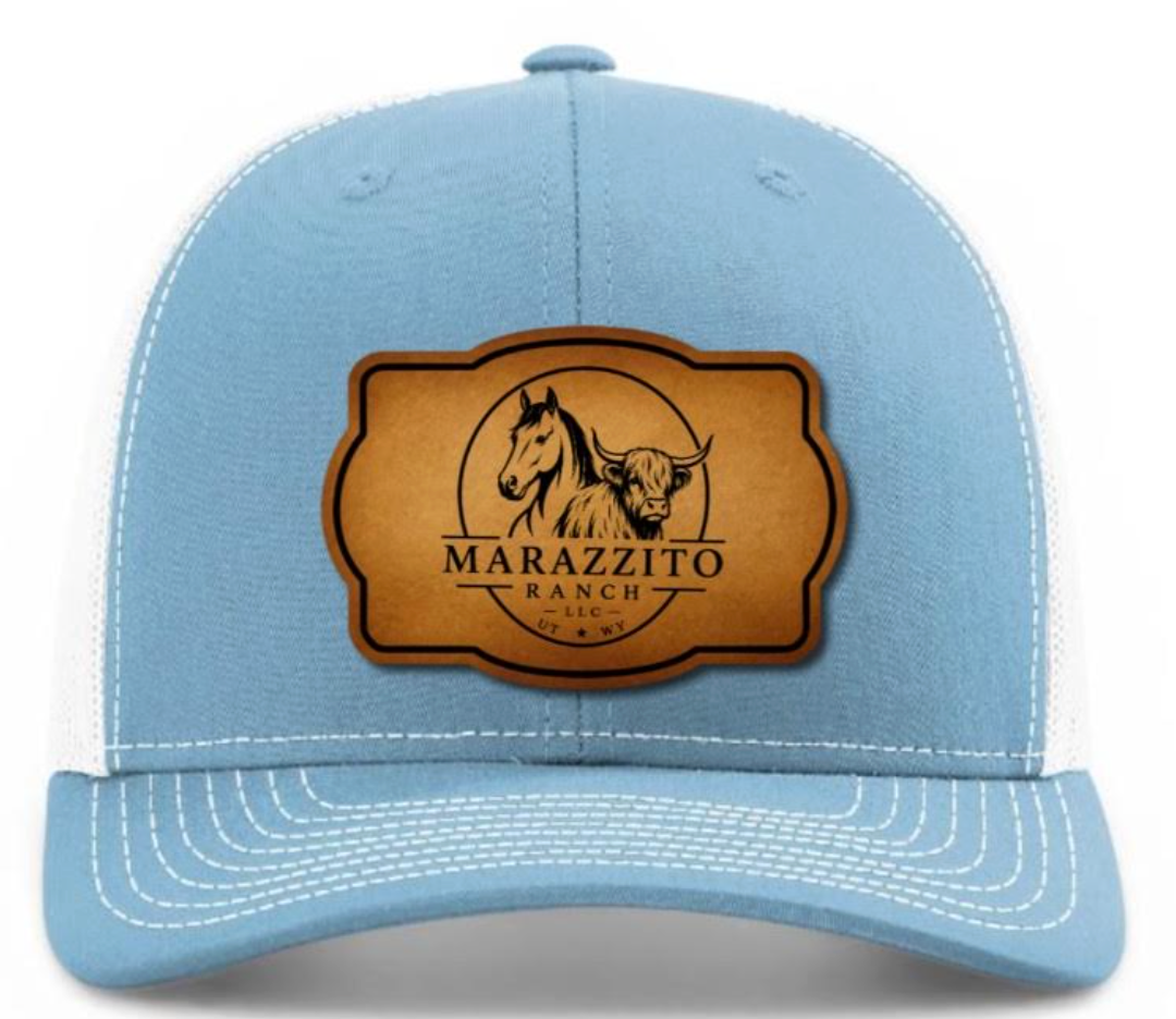 Trucker Hat with Marazzito Ranch Leather Patch (Columbia Blue/White)