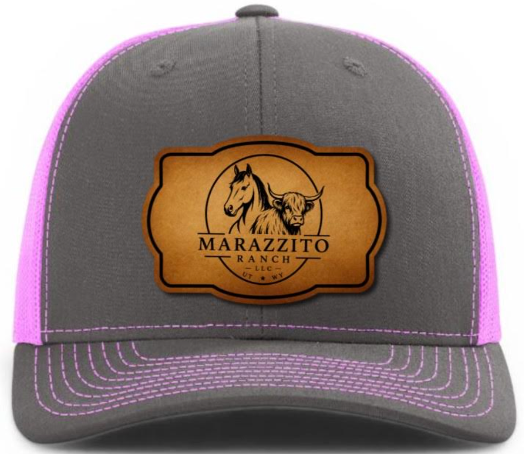 Trucker Hat with Marazzito Ranch Leather Patch (Charcoal Grey/Neon Pink)
